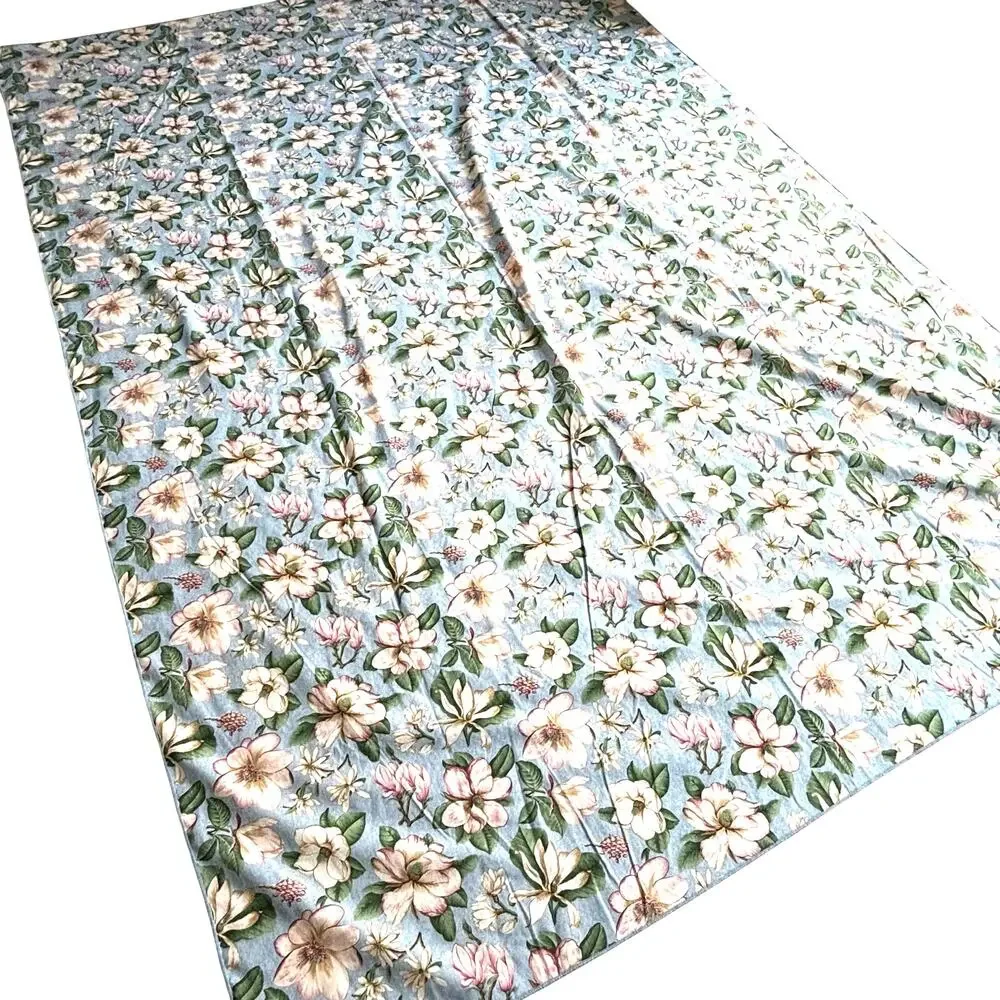 Blue & pink magnolia flowers tablecloth with greenery farmhouse cottage cabin